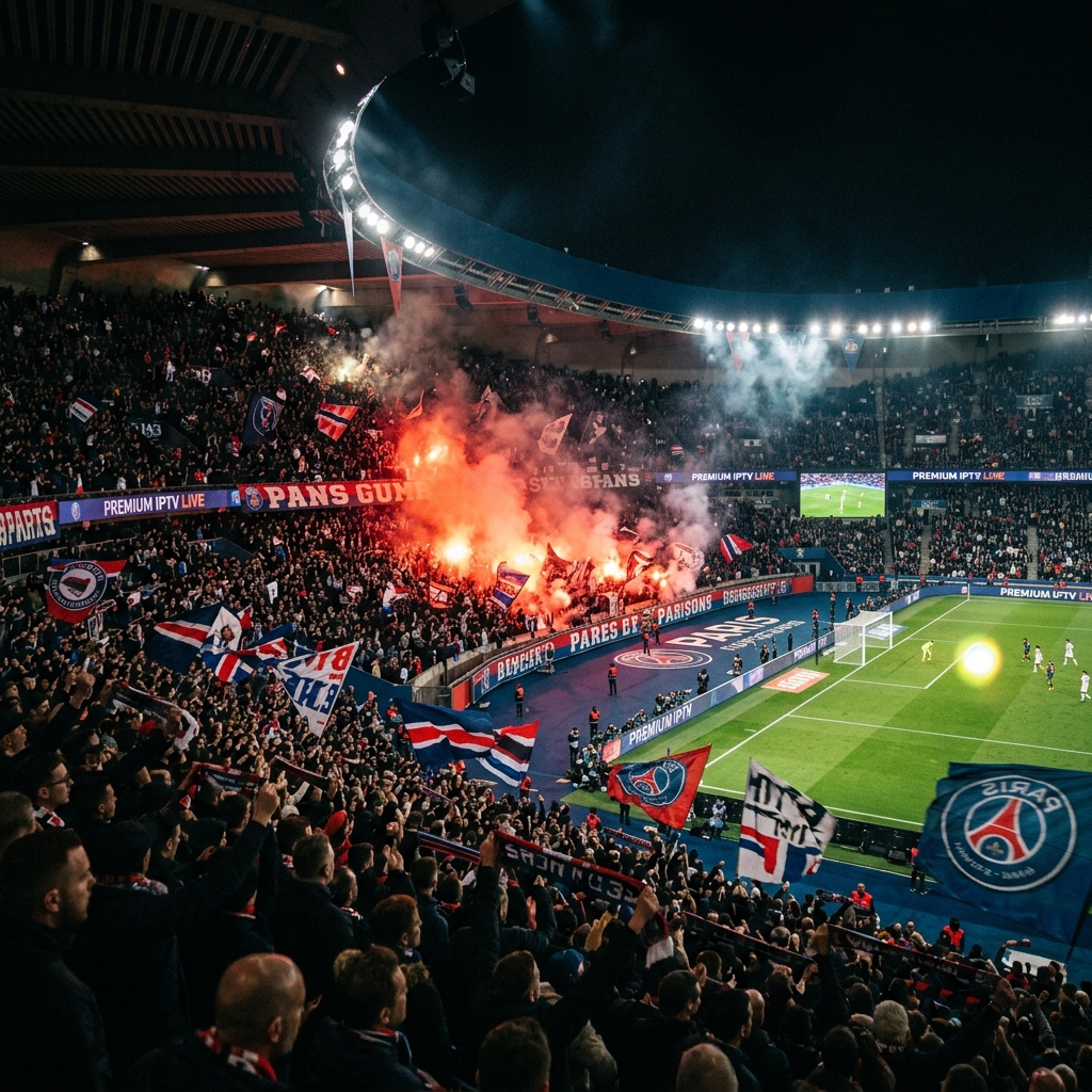 Direktesendt sport stadium atmosfære med supportere og flagg